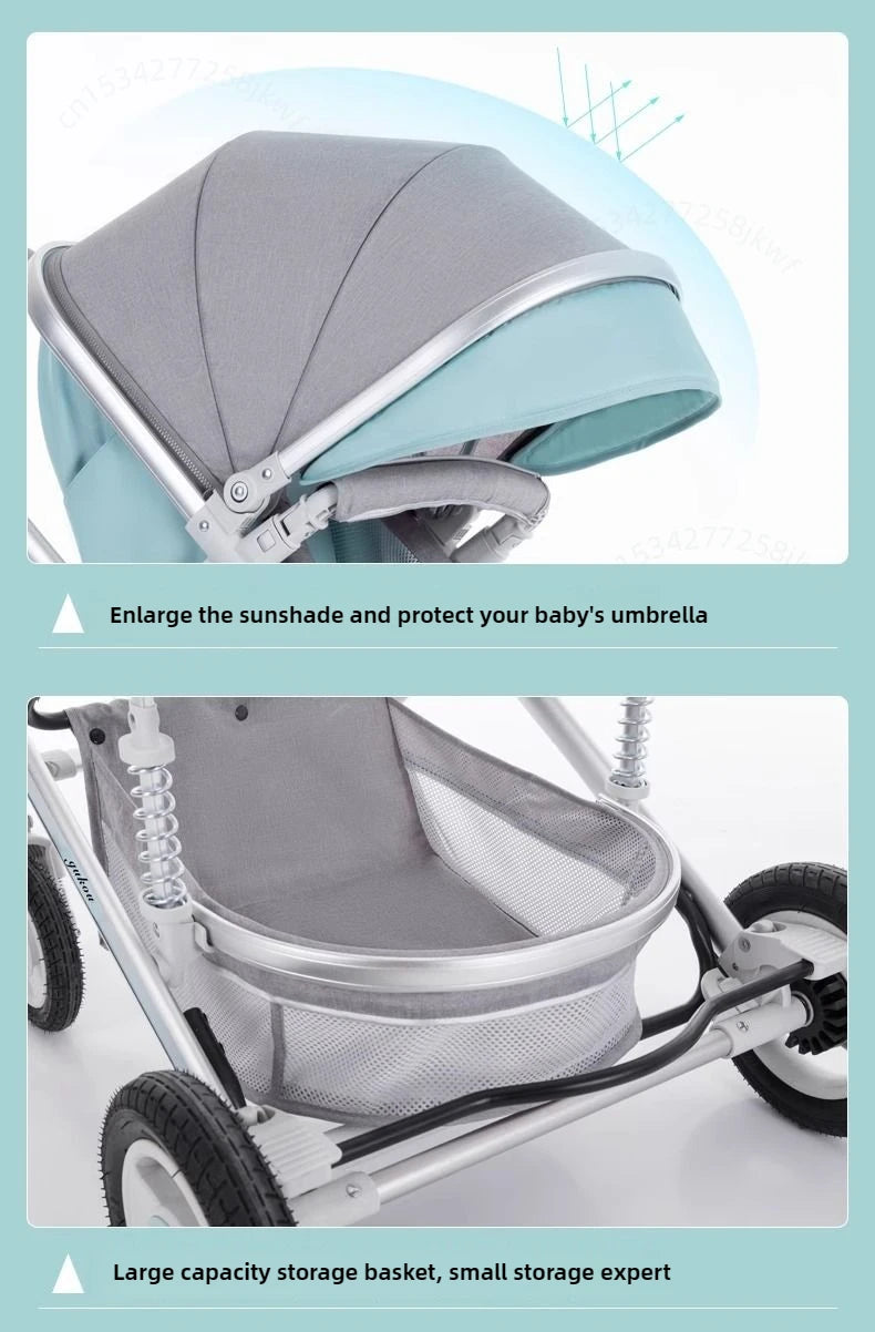 High landscape baby stroller, natural rubber wheels, aluminum alloy material, lightweight folding four-wheel stroller