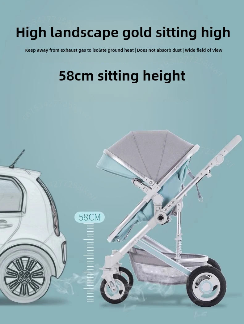 High landscape baby stroller, natural rubber wheels, aluminum alloy material, lightweight folding four-wheel stroller