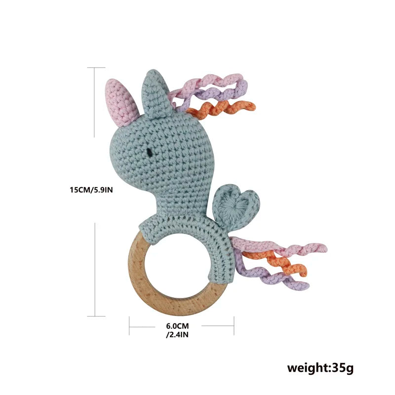 1Pc Wooden Crochet Bunny Rattle Toy Wood Ring Baby Teether Rodent Baby Gym Mobile Rattles Custom Name Educational Toys