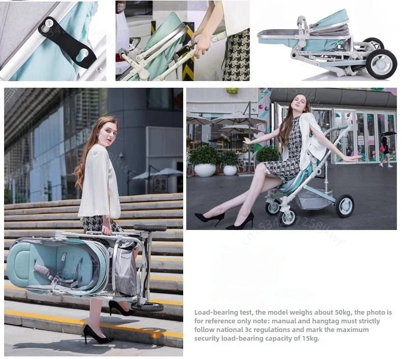 High landscape baby stroller, natural rubber wheels, aluminum alloy material, lightweight folding four-wheel stroller