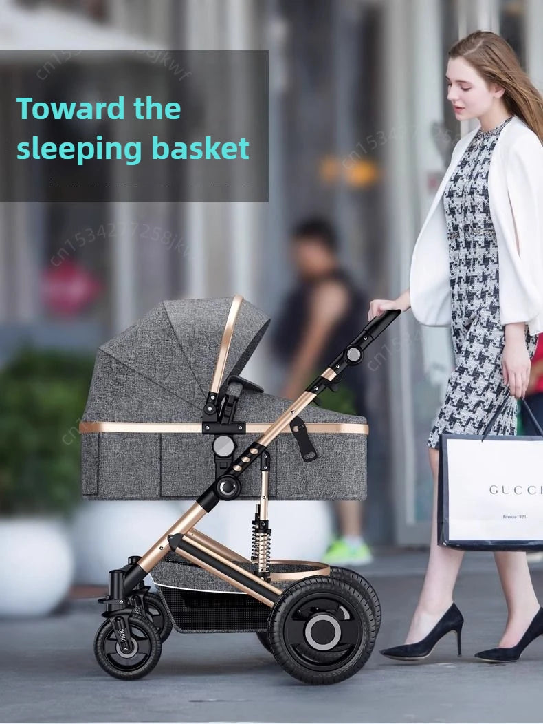 High landscape baby stroller, natural rubber wheels, aluminum alloy material, lightweight folding four-wheel stroller