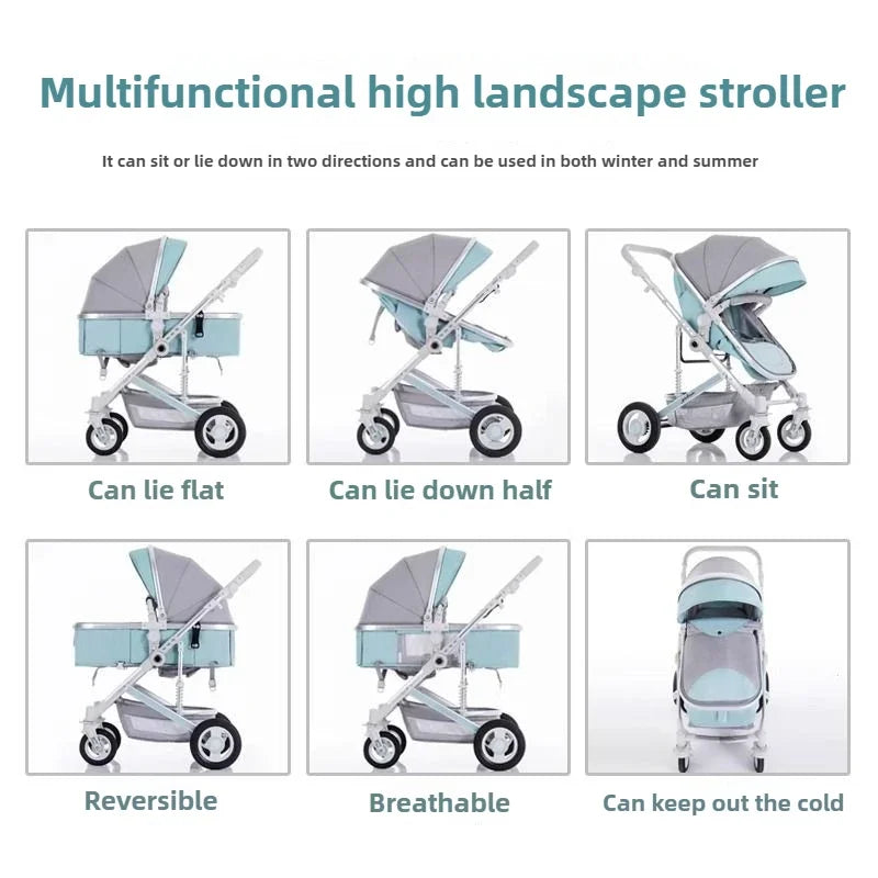 High landscape baby stroller, natural rubber wheels, aluminum alloy material, lightweight folding four-wheel stroller