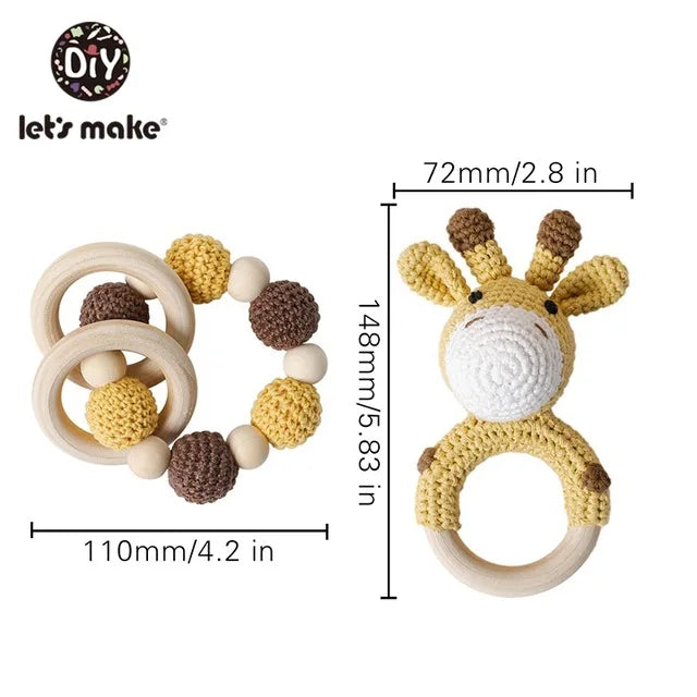 1set Baby Rattle Wooden Crochet Elephant Bells Music Teething Bracelet Pacifier Dummy Clips Gym Play Rodent Baby Products Toy