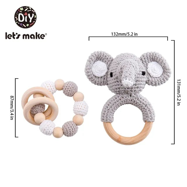 1set Baby Rattle Wooden Crochet Elephant Bells Music Teething Bracelet Pacifier Dummy Clips Gym Play Rodent Baby Products Toy