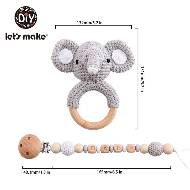 1set Baby Rattle Wooden Crochet Elephant Bells Music Teething Bracelet Pacifier Dummy Clips Gym Play Rodent Baby Products Toy