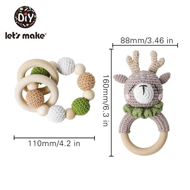 1set Baby Rattle Wooden Crochet Elephant Bells Music Teething Bracelet Pacifier Dummy Clips Gym Play Rodent Baby Products Toy