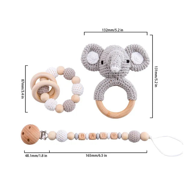 1set Baby Rattle Wooden Crochet Elephant Bells Music Teething Bracelet Pacifier Dummy Clips Gym Play Rodent Baby Products Toy