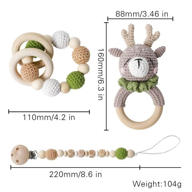 1set Baby Rattle Wooden Crochet Elephant Bells Music Teething Bracelet Pacifier Dummy Clips Gym Play Rodent Baby Products Toy