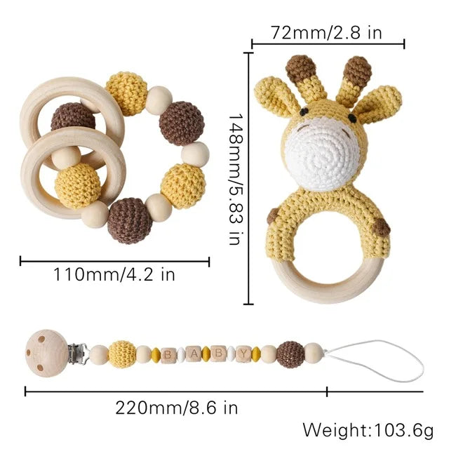 1set Baby Rattle Wooden Crochet Elephant Bells Music Teething Bracelet Pacifier Dummy Clips Gym Play Rodent Baby Products Toy