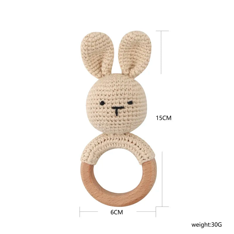 1Pc Wooden Crochet Bunny Rattle Toy Wood Ring Baby Teether Rodent Baby Gym Mobile Rattles Custom Name Educational Toys