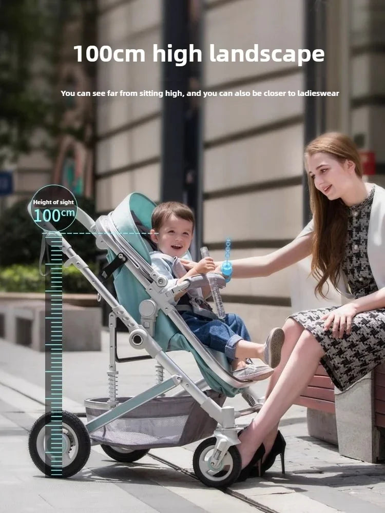 High landscape baby stroller, natural rubber wheels, aluminum alloy material, lightweight folding four-wheel stroller
