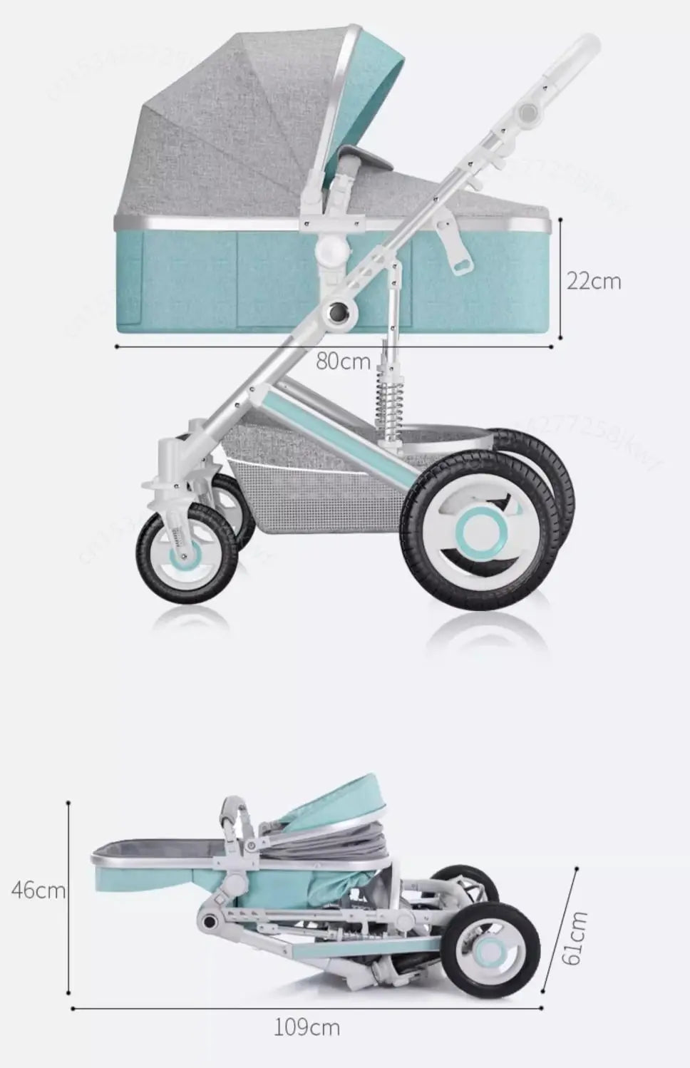High landscape baby stroller, natural rubber wheels, aluminum alloy material, lightweight folding four-wheel stroller