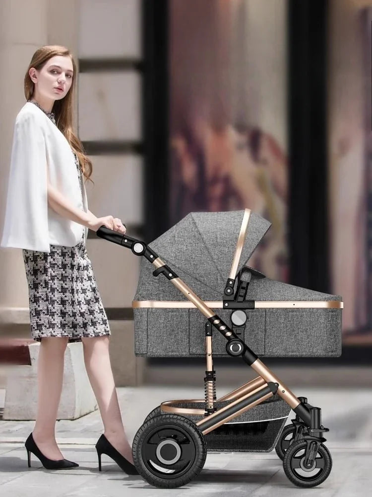 High landscape baby stroller, natural rubber wheels, aluminum alloy material, lightweight folding four-wheel stroller