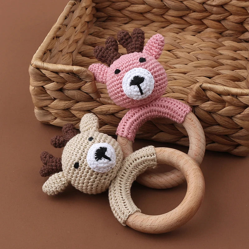 1Pc Wooden Crochet Bunny Rattle Toy Wood Ring Baby Teether Rodent Baby Gym Mobile Rattles Custom Name Educational Toys