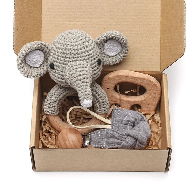 1set Baby Rattle Wooden Crochet Elephant Bells Music Teething Bracelet Pacifier Dummy Clips Gym Play Rodent Baby Products Toy