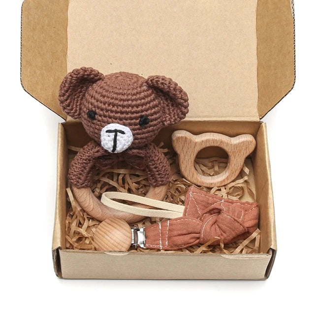 1set Baby Rattle Wooden Crochet Elephant Bells Music Teething Bracelet Pacifier Dummy Clips Gym Play Rodent Baby Products Toy
