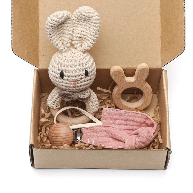1set Baby Rattle Wooden Crochet Elephant Bells Music Teething Bracelet Pacifier Dummy Clips Gym Play Rodent Baby Products Toy
