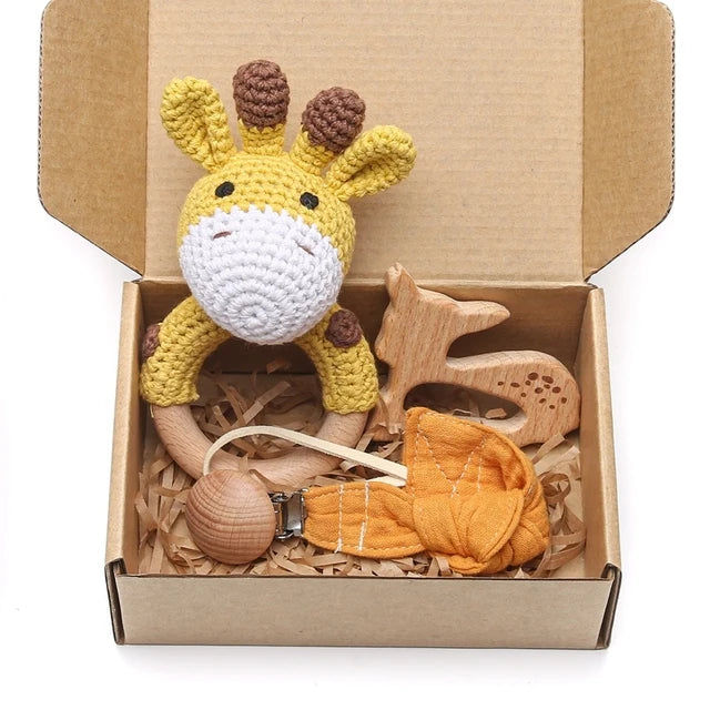 1set Baby Rattle Wooden Crochet Elephant Bells Music Teething Bracelet Pacifier Dummy Clips Gym Play Rodent Baby Products Toy