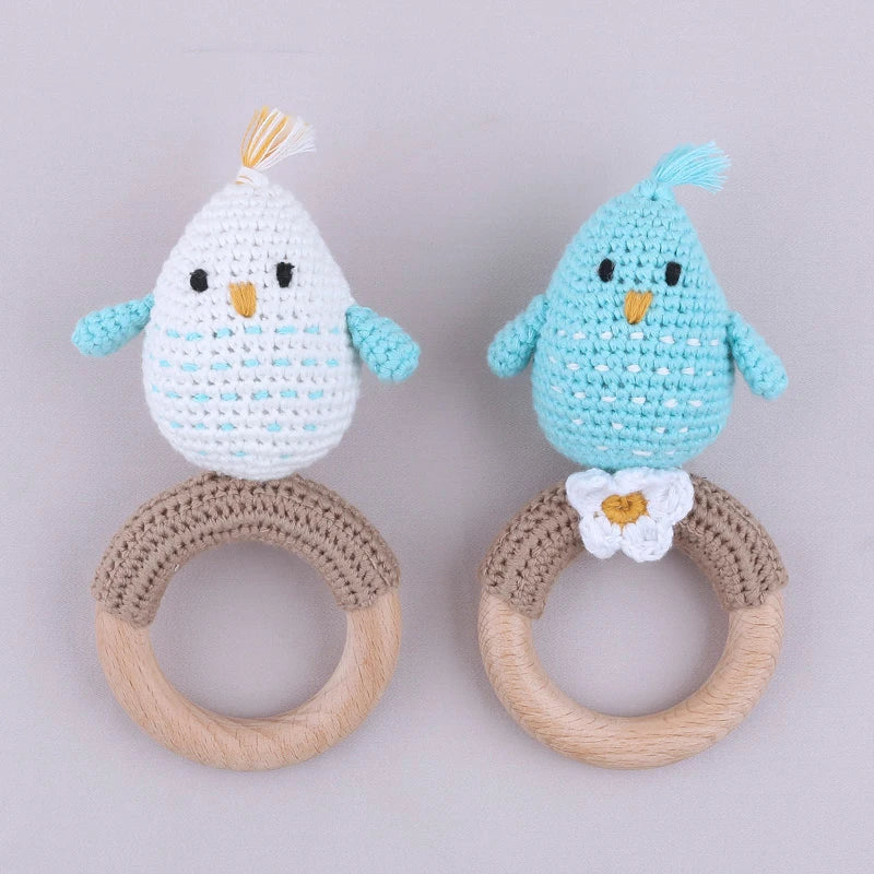 1Pc Wooden Crochet Bunny Rattle Toy Wood Ring Baby Teether Rodent Baby Gym Mobile Rattles Custom Name Educational Toys
