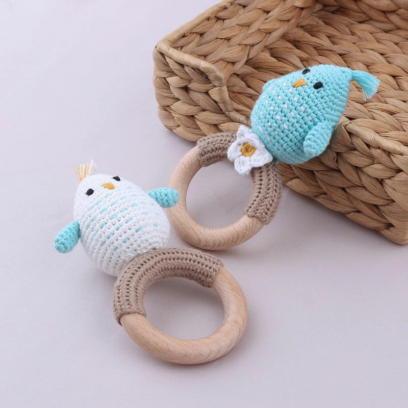 1Pc Wooden Crochet Bunny Rattle Toy Wood Ring Baby Teether Rodent Baby Gym Mobile Rattles Custom Name Educational Toys
