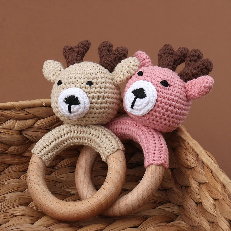 1Pc Wooden Crochet Bunny Rattle Toy Wood Ring Baby Teether Rodent Baby Gym Mobile Rattles Custom Name Educational Toys